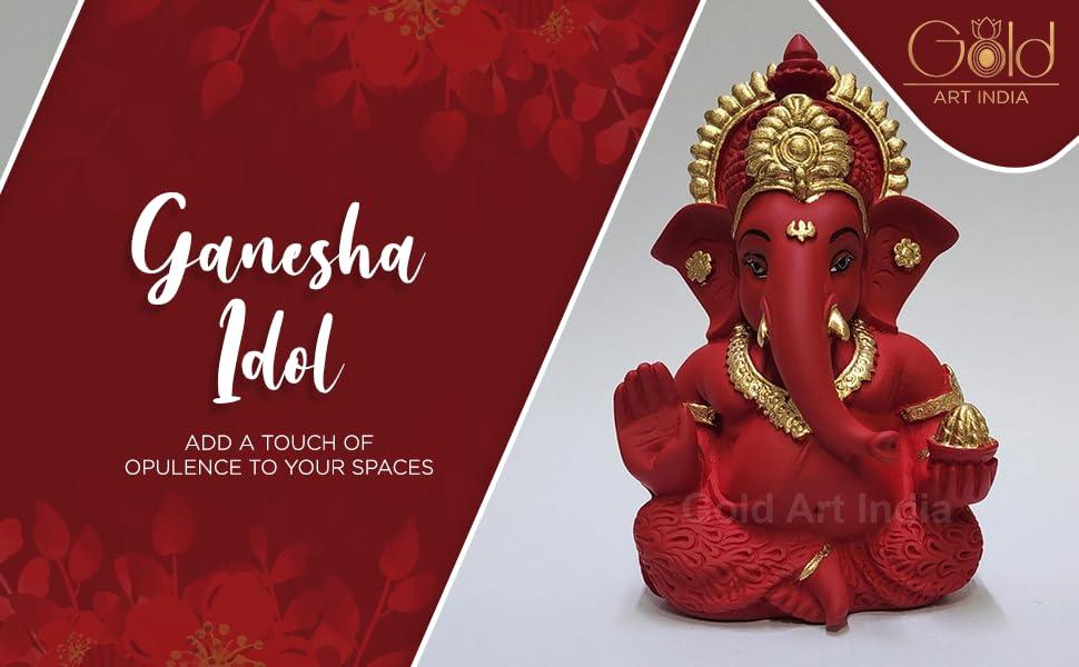 Gold Art India Mukut Ganesha Idol for Car Dashboard Maroon Red and Gold Small Ganesha Murti Ganpati Idol for Home Decor Puja Lord Ganesh Statue Gift for Office Desk Puja Room Figurine - Image 6