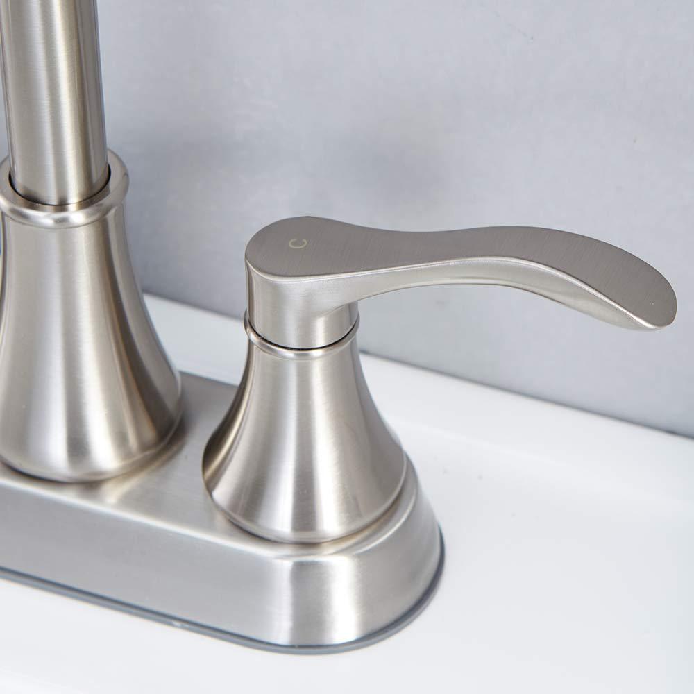 Lead-Free Commercial 2-Handle Brushed Nickel Bathroom Sink Faucet, 360° Swivel High-Arc Spout 4 Inch Centerset Lavatory Vanity Faucets Set for Bathroom Sink with Pop-up Drain & Water Hoses - Image 7
