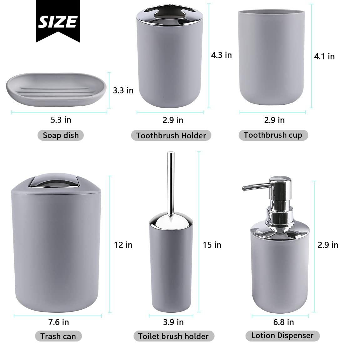 Papillon Bathroom Accessories - 6 Piece Plastic Gift Toothbrush Holder,Toothbrush Cup,Soap Dispenser & Dish,Toilet Brush Holder,Trash Can,Tumbler Straw Set (Gray) - Image 2