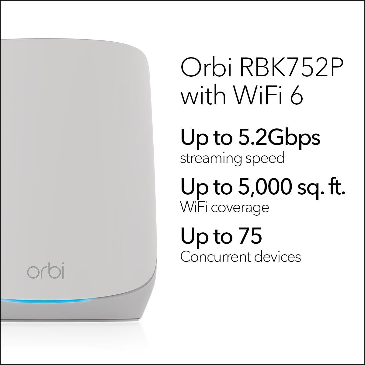 NETGEAR Orbi Whole Home Tri-Band WiFi 6 Mesh Network System (RBK752P) – Router with 1 Satellite Extender, Security Features, Coverage up to 5,000 sq. ft., 75 Devices, AX5200 802.11ax (Up to 5.2Gbps) - Image 2
