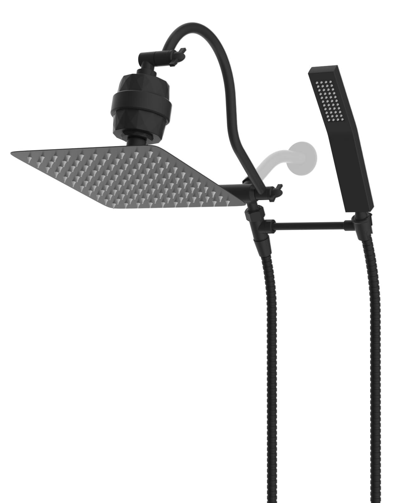Hibbent All Metal 10'' Filtered Rainfall Shower Head Combo, High Pressure Handheld Shower Wand, 12'' Adjustable Extension Arm, 20 Stage Shower Filter, 71'' Hose, 2 Shower Head Holders, Matte Black