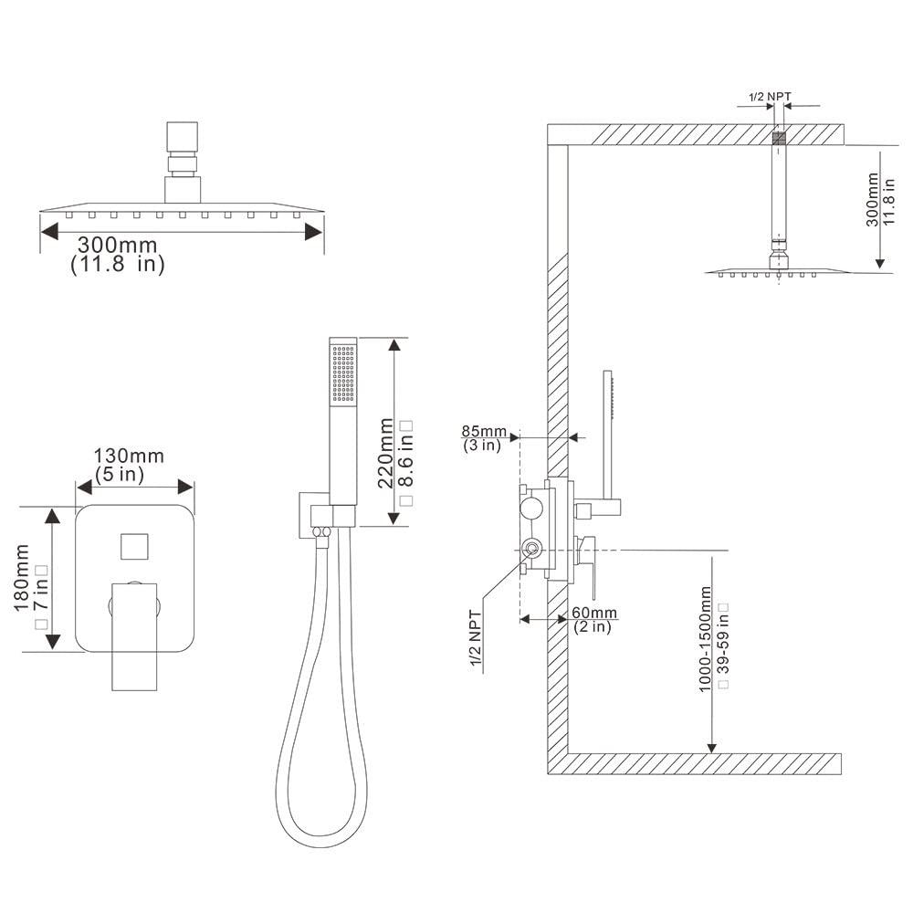JingGang 12 Inch Ceiling Mount Matte Black Shower System Bathroom Luxury Rain Mixer Shower Combo Set Ceiling Rainfall Shower Head System (Contain Shower Faucet Rough-in Valve Body and Trim) - Image 3