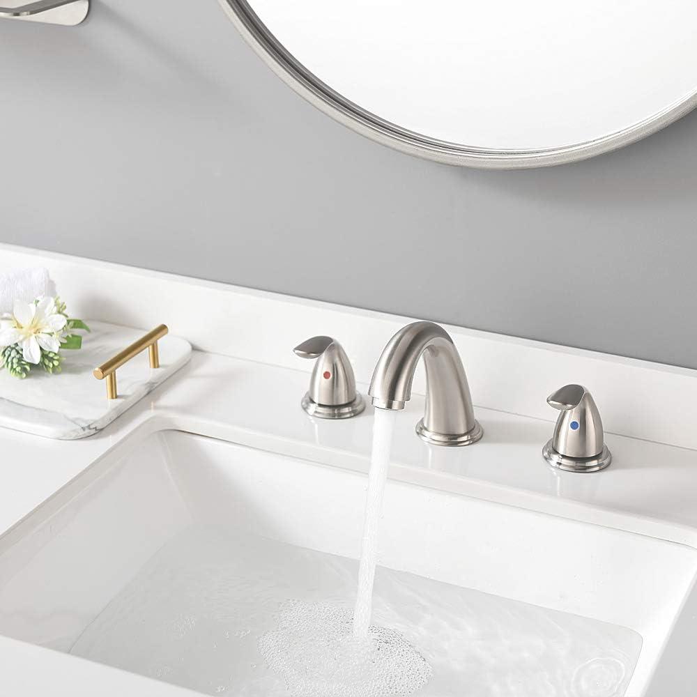 Phiestina 8 Inch 2 Handles 3 Holes Deck Mount Brushed Nickel Widespread Bathroom Faucet, with Stainless Steel Pop Up Drain, WF008-5-BN - Image 4