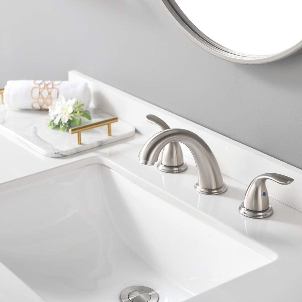 Phiestina 8 Inch 2 Handles 3 Holes Deck Mount Brushed Nickel Widespread Bathroom Faucet, with Stainless Steel Pop Up Drain, WF008-5-BN - Image 6