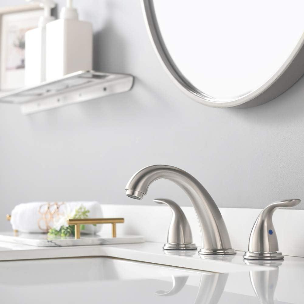 Phiestina 8 Inch 2 Handles 3 Holes Deck Mount Brushed Nickel Widespread Bathroom Faucet, with Stainless Steel Pop Up Drain, WF008-5-BN - Image 2