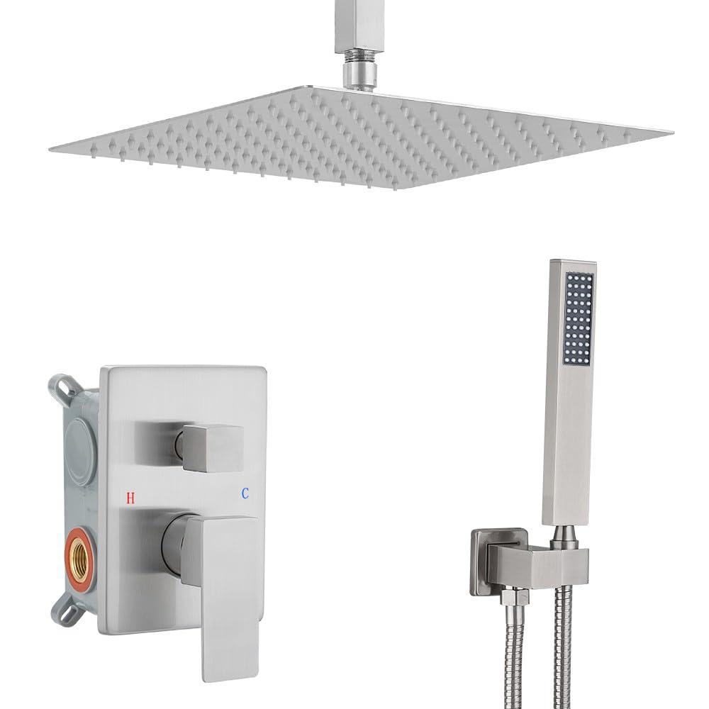 JingGang 12 Inch Ceiling Mount Brushed Nickel Shower System Bathroom Luxury Rain Mixer Shower Combo Set Ceiling Rainfall Shower Head System (Contain Shower Faucet Rough-in Valve Body and Trim)