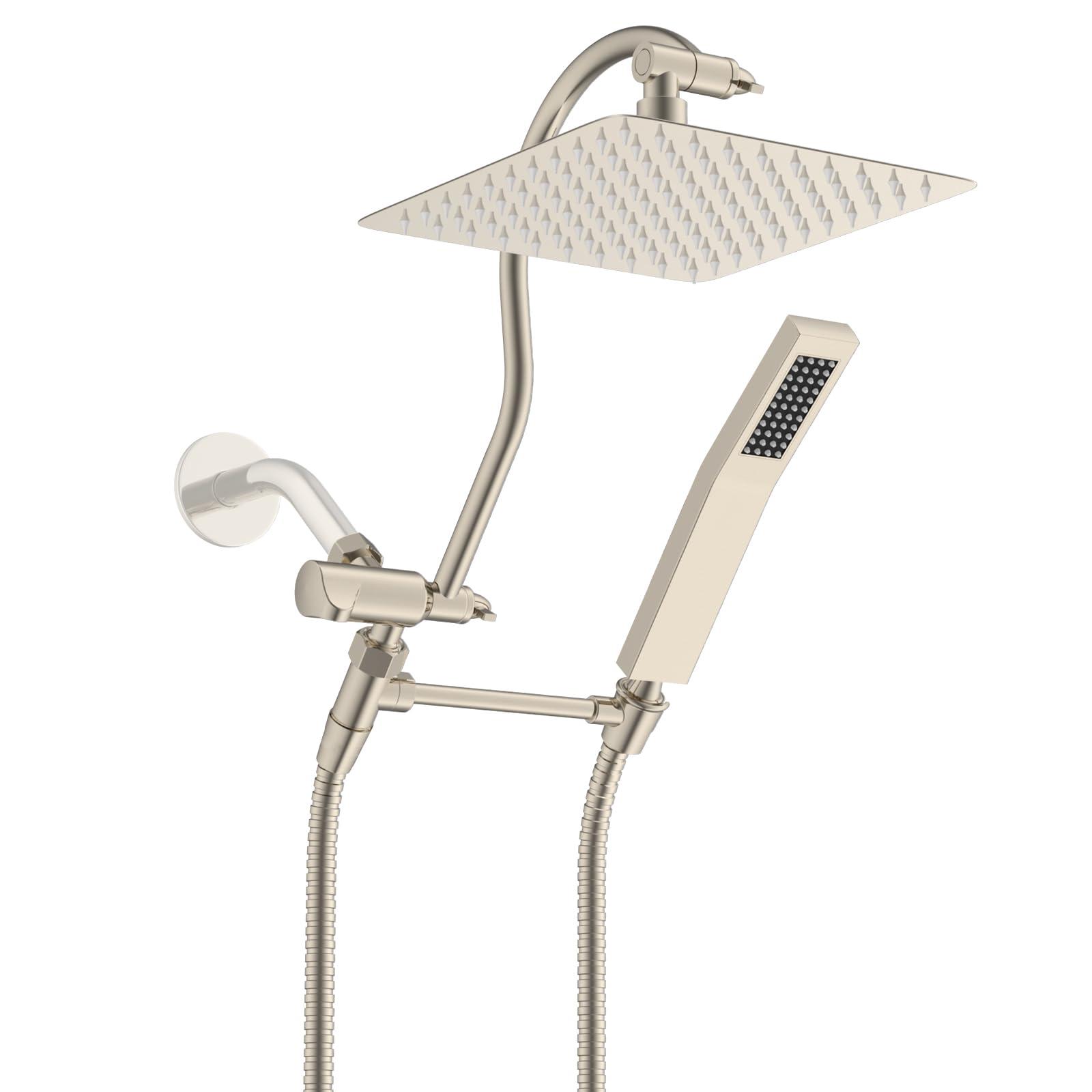 Hibbent All Metal Shower Head, 10'' High Pressure Rainfall Shower Head, Showerhead Combo, Handheld Shower Wand, 12'' Adjustable Curved Extension Arm, 71'' Hose, Shower Head Holder, Brushed Nickel