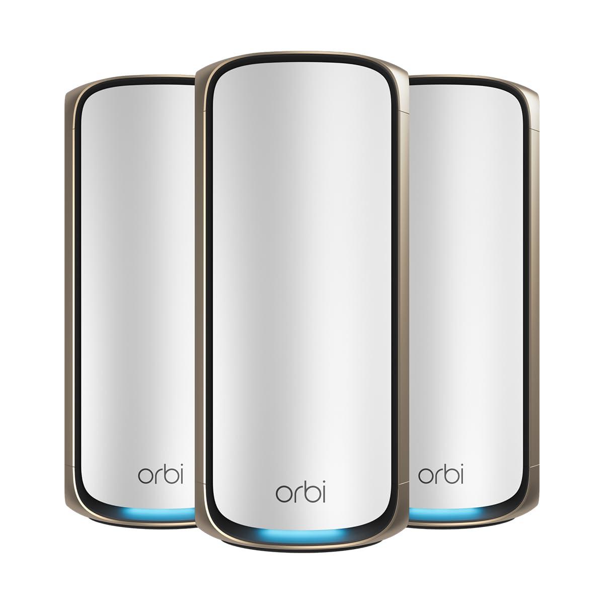 NETGEAR Orbi 970 Series Quad-Band WiFi 7 Mesh Network System (RBE973S), Router + 2 Satellite Extenders, Security Features, Up to 27Gbps, Covers Up to 10,000 sq. ft., 200 Devices, 10 Gig Internet Port