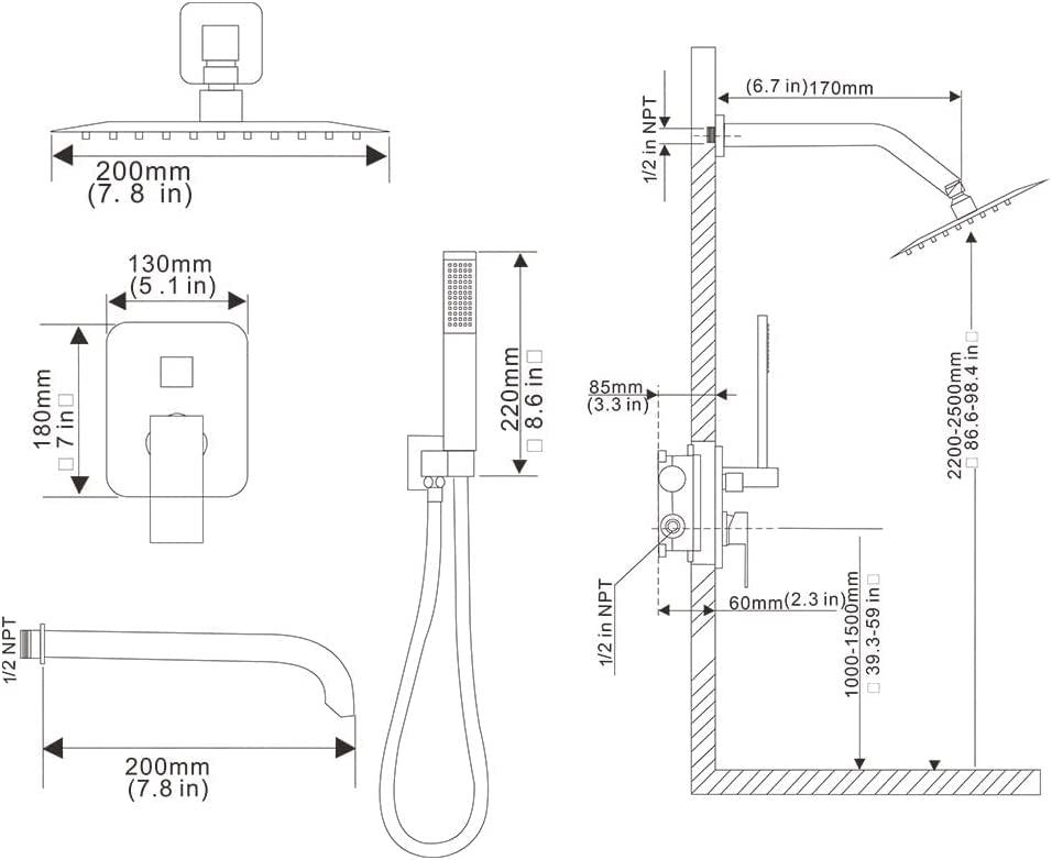 Heable Matte Black Shower Faucet Set with Tub Spout Bathroom Rainfall 8 Inch Shower Head System with Handheld Single Handle Shower Trim Kit with Rough-in Valve - Image 2