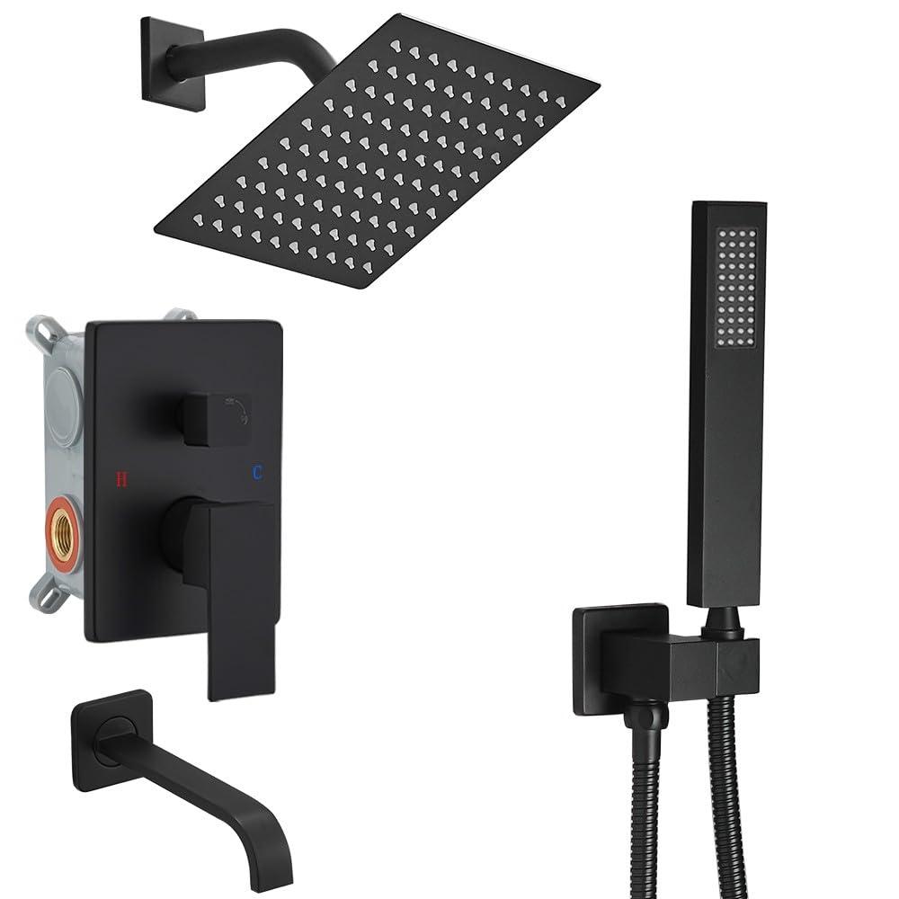 Heable Matte Black Shower Faucet Set with Tub Spout Bathroom Rainfall 8 Inch Shower Head System with Handheld Single Handle Shower Trim Kit with Rough-in Valve