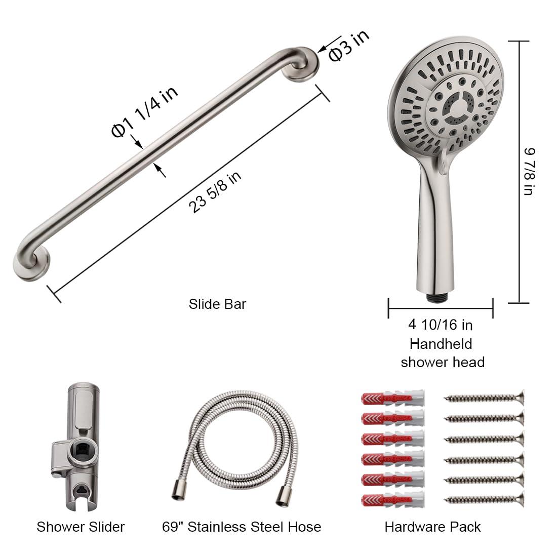 BRIGHT SHOWERS Slide Bar Shower Set with Handheld Shower Head, ADA-Compliant Stainless Steel Grab Bar, Adjustable Height and 69-Inch Hose – Brushed Nickel - Image 2