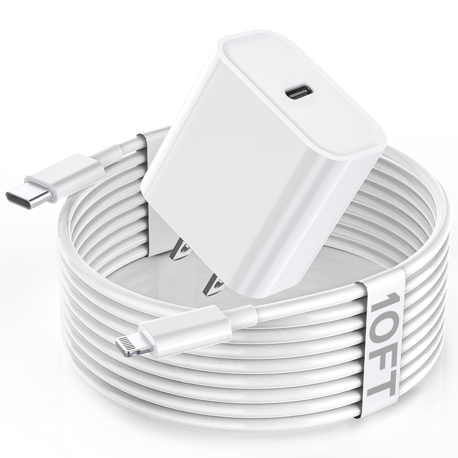 Apple Fast Charger, 10FT Extra Long Fast iPhone Charger Travel Plug Adapter 20W Super Quick Apple Charging USB C Wall Charger Block with 10Foot Lightning Cable Cord for iPhone 14/13/12/11/X/XR/SE/iPad