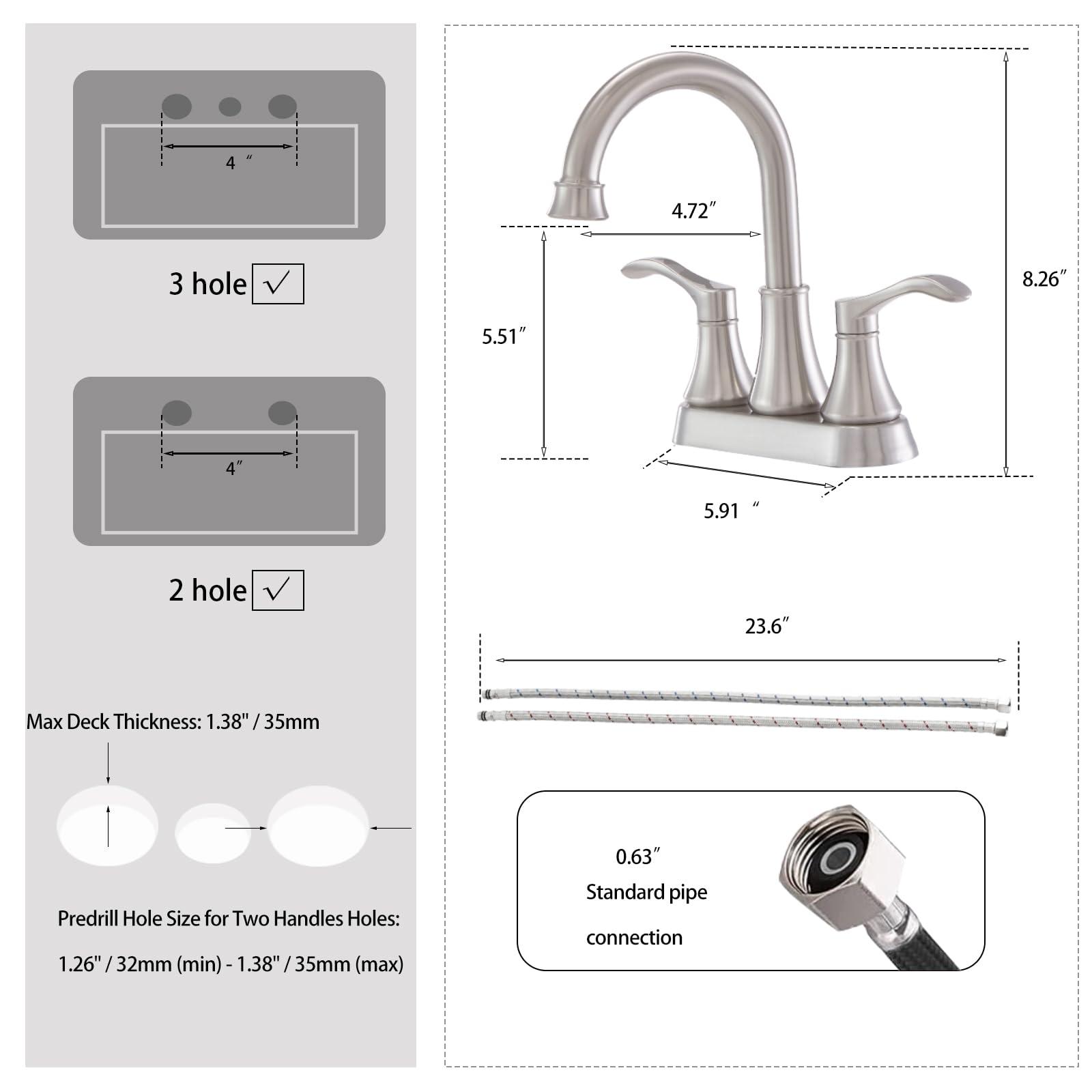 Lead-Free Commercial 2-Handle Brushed Nickel Bathroom Sink Faucet, 360° Swivel High-Arc Spout 4 Inch Centerset Lavatory Vanity Faucets Set for Bathroom Sink with Pop-up Drain & Water Hoses - Image 3