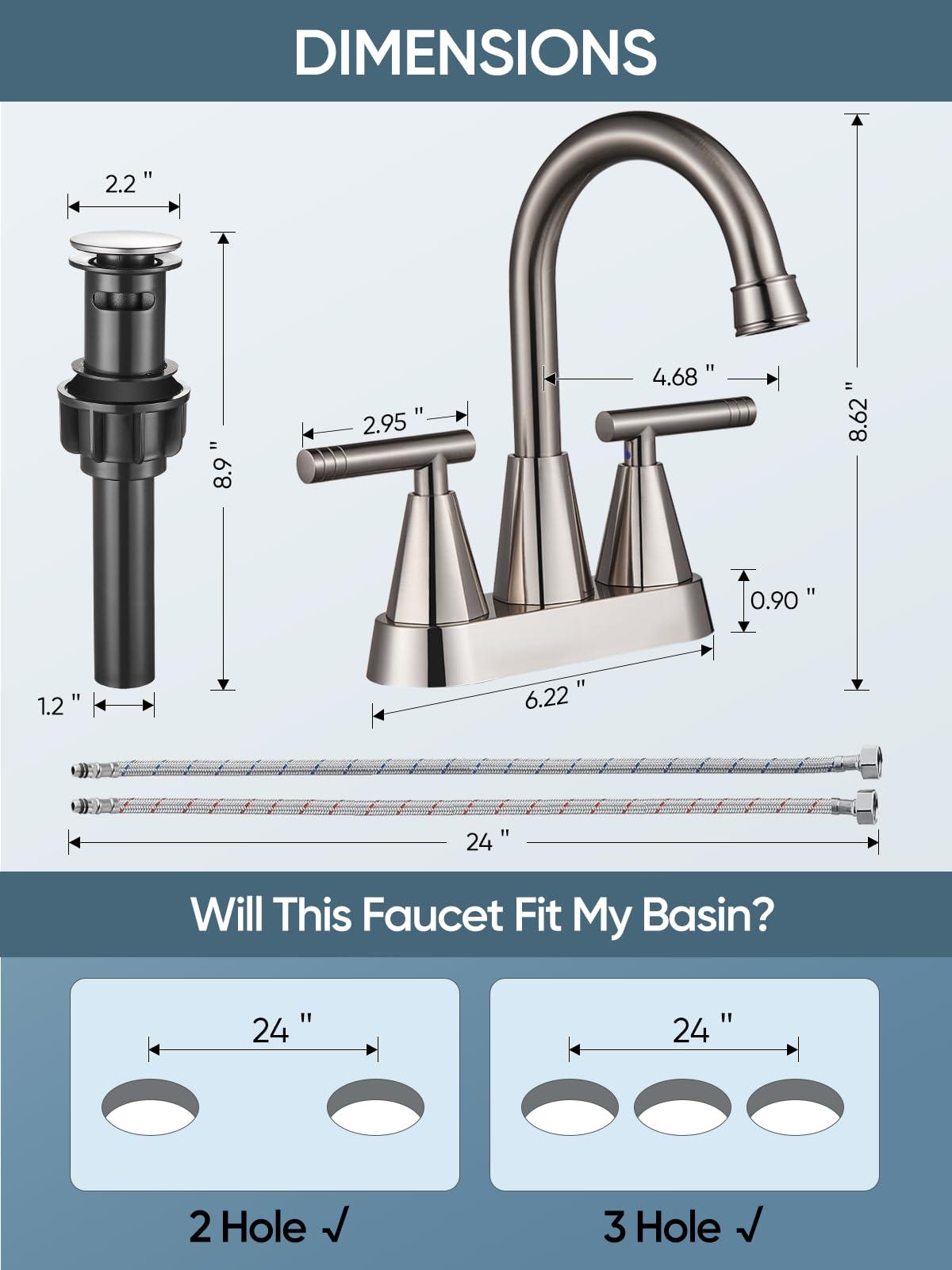 Cobbe 4 inch Brushed Nickel Bathroom Faucets with Pop up Drain and Two Supply Hoses, Lead-Free Stainless Steel 2 Handle Centerset Faucet for Vanity, RV - Image 3