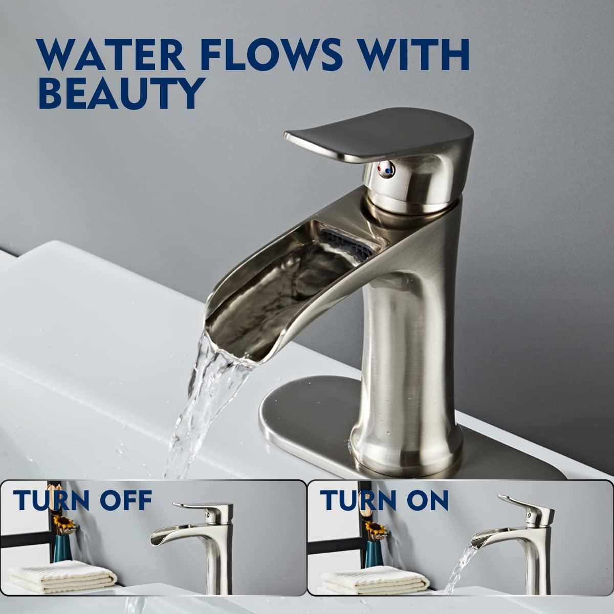 Brushed Nickel Bathroom Faucet，Yundoom Waterfall Bathroom Faucet With Pop Up Drain，Bathroom Sink Faucet Brushed Nickel One Hole Or Three Holes，Bathroom Faucets Brushed Nickel，Faucet For Bathroom Sink - Image 3