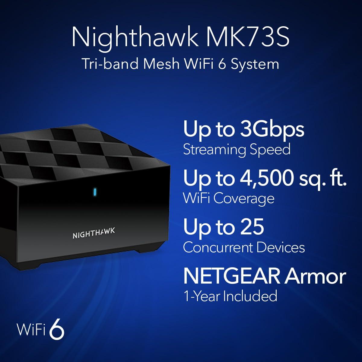 NETGEAR Nighthawk Tri-Band Whole Home Mesh WiFi 6 System (MK73S) – Router + 2 Satellite Extenders - 3Gbps Speed - Coverage up to 4,500 sq. ft., 25 Devices - Includes 1-Year Armor – AX3000 802.11ax - Image 2