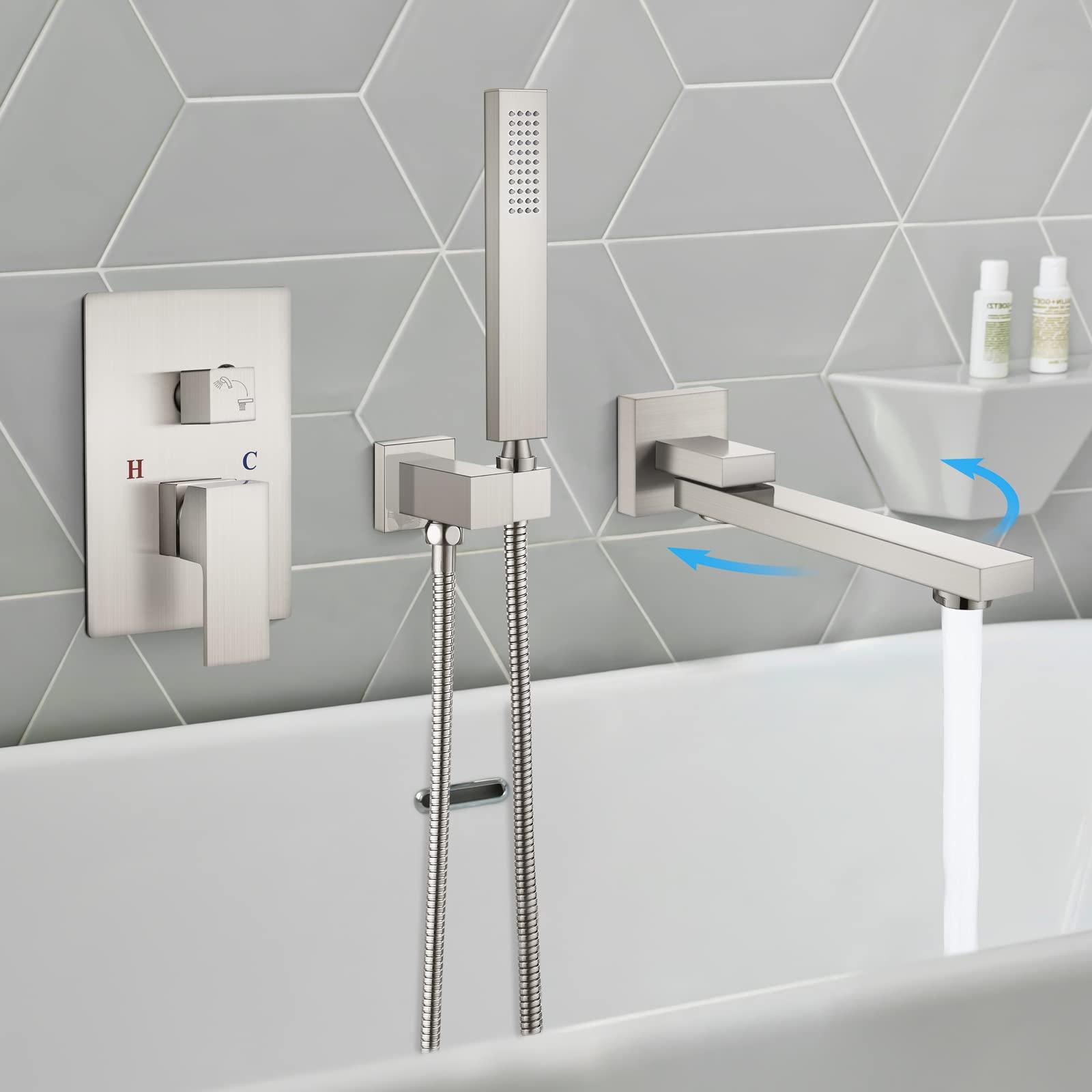 gotonovo Wall Mounted Bathtub Faucet with Hand Held Sprayer,Tub Shower Faucet Set,Single Handle Bathroom Shower System Mixer for Tub,Rough-In Valve Included Swivel Tub Spout Brushed Nickel