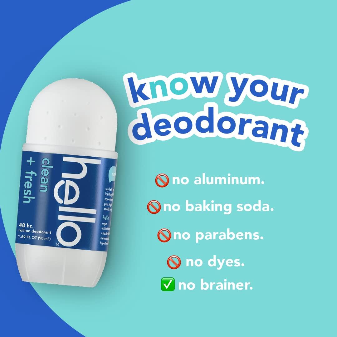 Hello Clean & Fresh Roll On Deodorant, Aluminum Free Deodorant for Women + Men, 48 Hour Non Sticky Formula, Dries Quick and Leaves No White Residue, Travel 2 Pack, 1.69 oz Tubes - Image 5