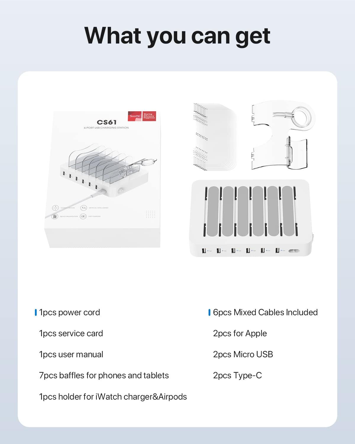 SooPii Premium 6-Port USB Charging Station Organizer for Multiple Devices, 6 Short Charging Cables and One Upgraded i-Watch Charger Holder Included, for Phones, Tablets, and Other Electronics, White - Image 7