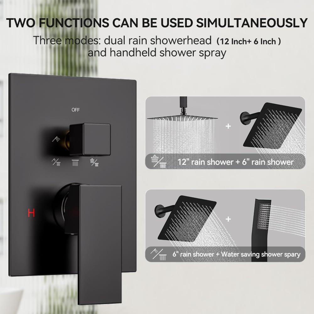 Shower Faucet Set Ceiling Shower System, STARBATH 12+6" Dual Rain Shower Head with Handheld Spray for Two People,Rainfall 3 Way Shower Valve with 5 Diverter and Trim Kit Complete, Matte Black - Image 3