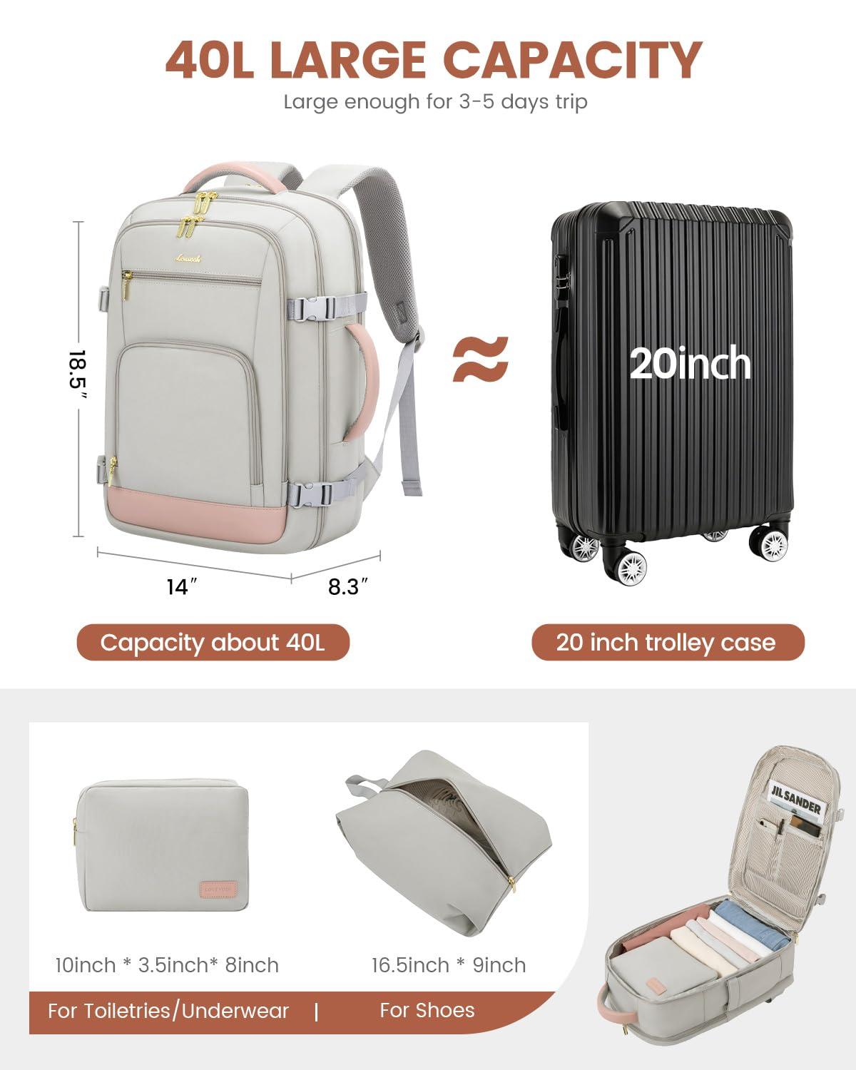 LOVEVOOK Travel Backpack For Women, 40L Carry On Backpack Flight Approved, TSA Personal Item Travel Bag Fits 17 Inch Laptop, Business Weekender Overnight Waterproof Daypack With 2 Cubes, Grey-Pink - Image 3