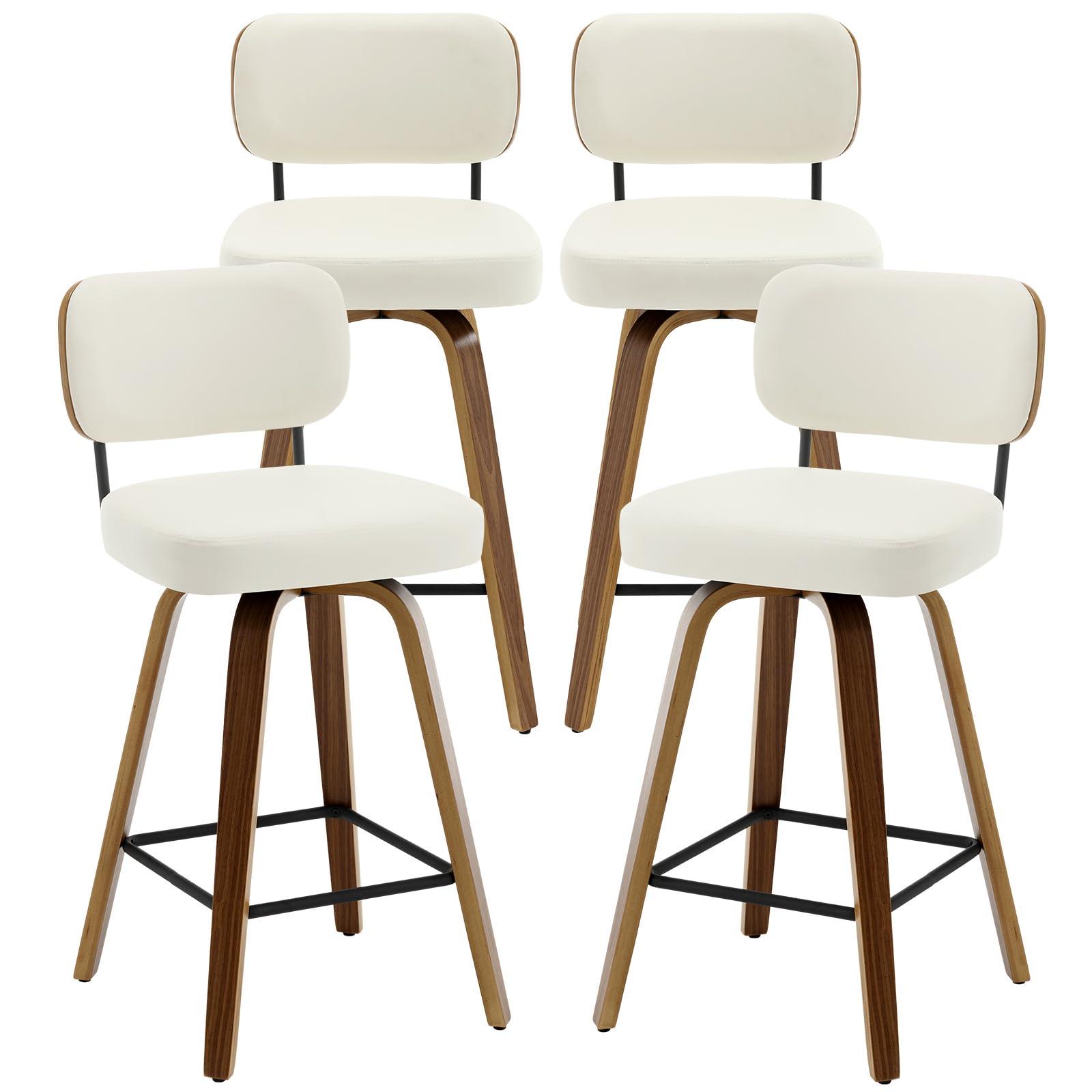 Bekrvio Swivel Counter Height Bar Stools Set of 4, 26" Upholstered Faux Leather Barstools with Back and Bent Wood Legs, Mid Century Modern Bar Chair Island Stool for Kitchen Counter, Cream White - Image 8