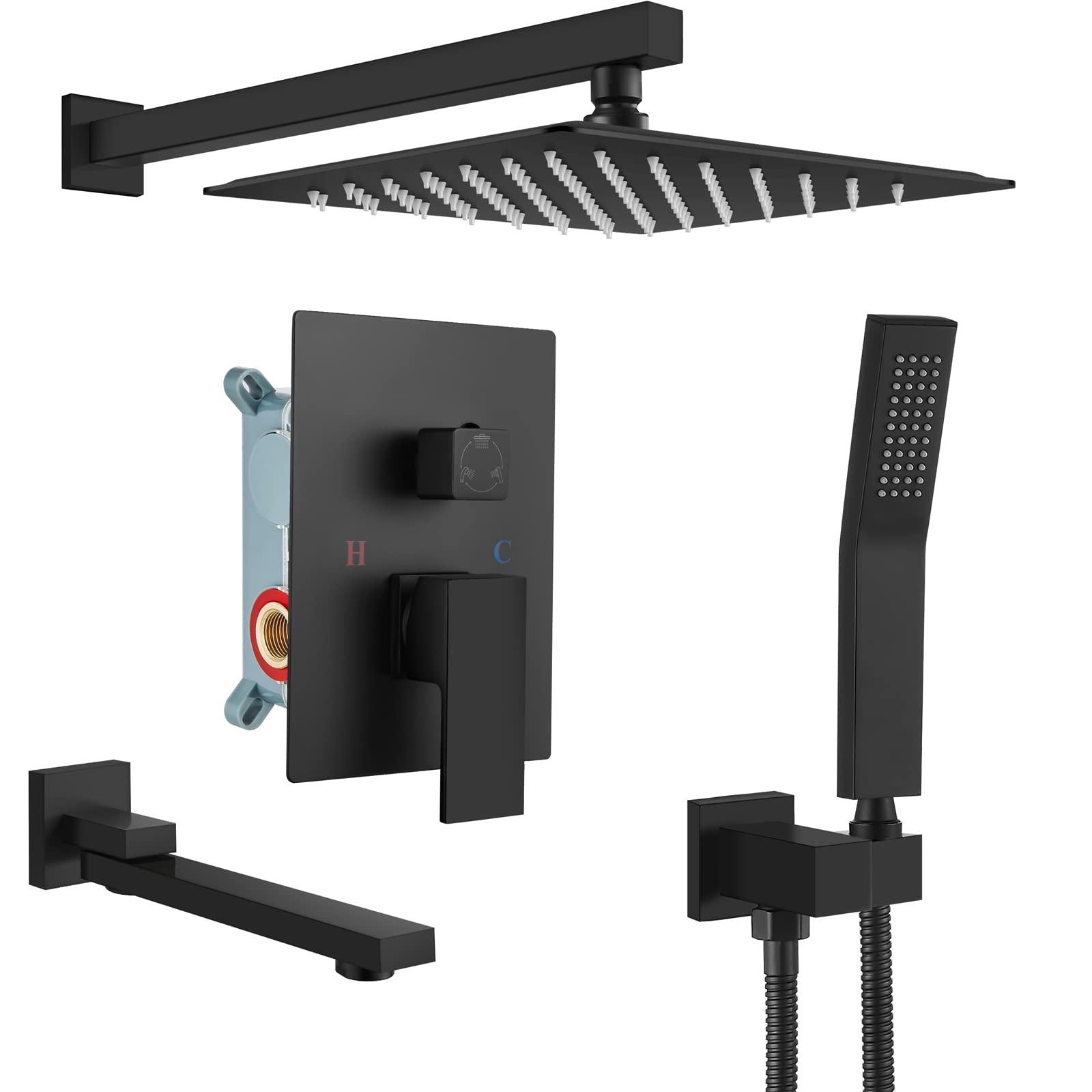 gotonovo Matte Black Shower Faucet Wall Mount Triple Function Bathroom Shower System with Tub Spout High Pressure Square 12 inch Rain Showerhead Hand Shower Rough-In Valve and Trim Included