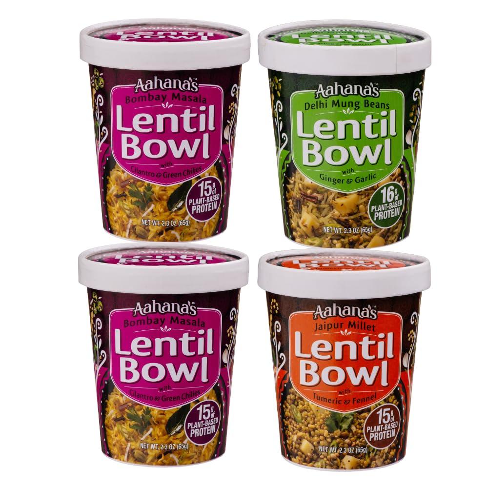 Aahana's Lentil Bowls - Lentiils Ready to Eat | Vegan, Gluten-Free, Plant-Based Food | High Protein - Ready Meals - No Refrigeration | Microwave or Just Add Water Meals - Kosher - Indian Food- 4 Pack