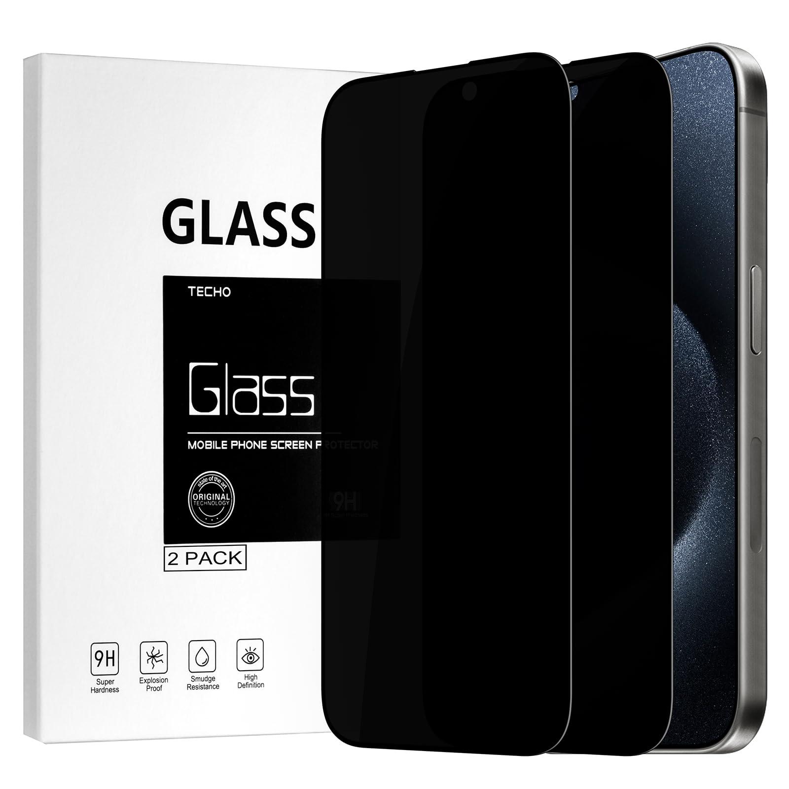 TECHO Privacy Screen Protector for iPhone 15 Pro Tempered Glass Film, Full Coverage Edge to Edge, Anti Spy Private, 9H Hardness, 2 Pack, 6.1 Inch