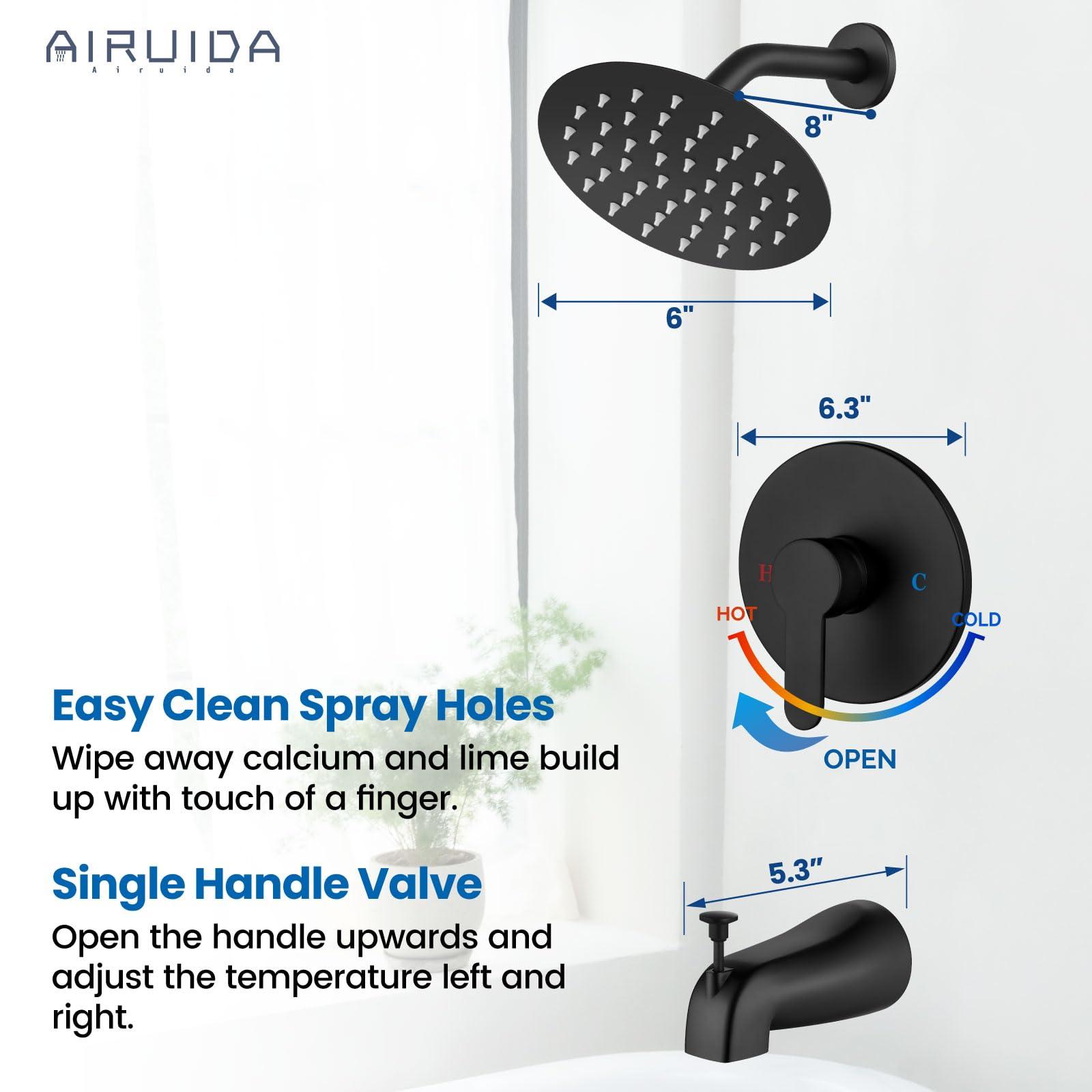 Airuida Shower Faucet Set with Tub Spout Bathtub Faucet Kit Shower Tub Faucet Set Complete Tub Shower Trim Kit with Solid Brass Rough-in Valve Rainfall Round 6 Inch Shower Head Matte Black - Image 5