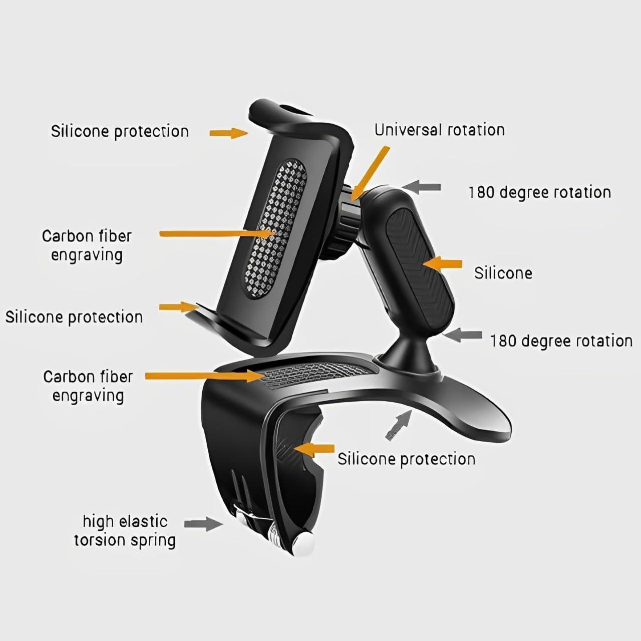 ushemi 【The Safest】 Car Dashboard Phone Clip Holder, 360 Degree Rotation Dash Multifunctional Car Dashboard Mobile Phone Holder Mount Stand Compatible with 4-7 Inch Smartphones - Image 2