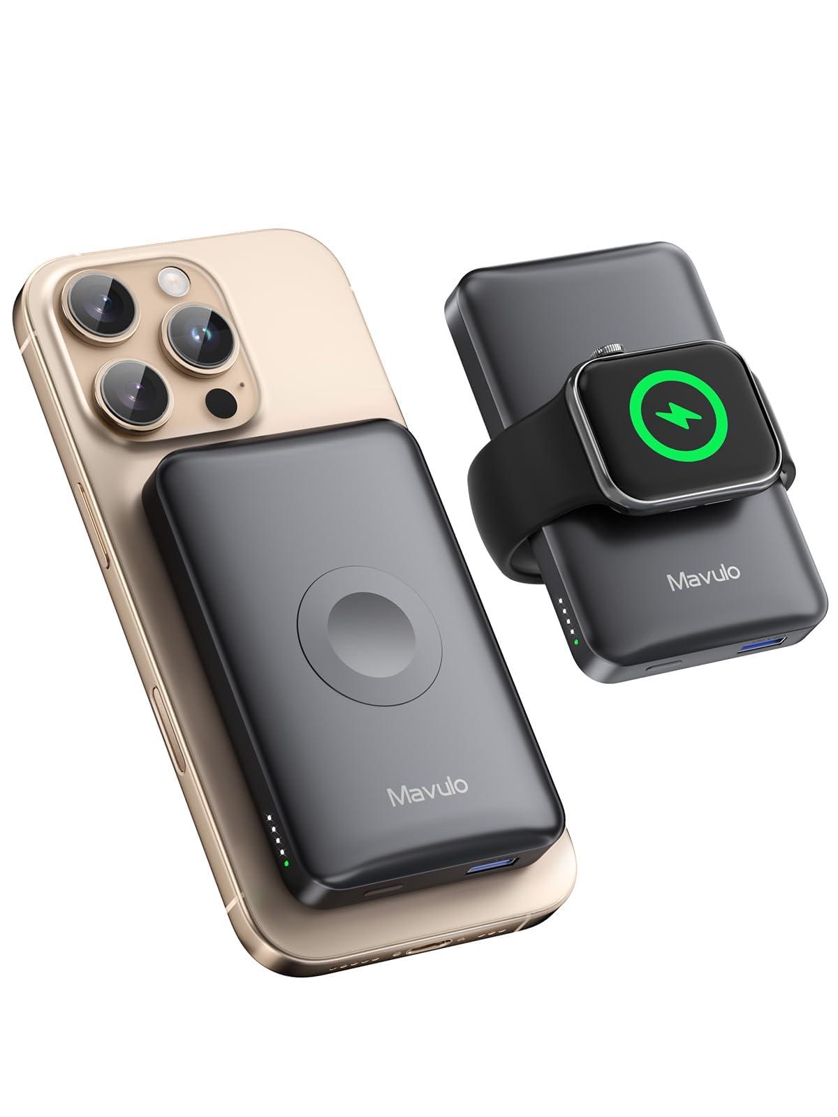 Mavulo 2 in 1 Wireless Portable Charger for Apple Watch and iPhone, 12000mAh Magnetic Power Bank 20W USB C Fast Charging Battery Pack for iPhone 16 15 14 13 12 Series Travel iWatch Charger