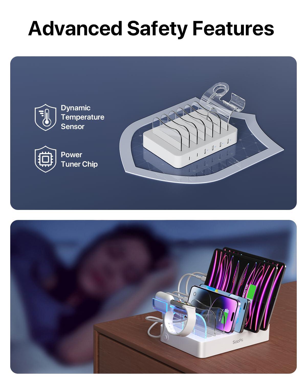 SooPii Premium 6-Port USB Charging Station Organizer for Multiple Devices, 6 Short Charging Cables and One Upgraded i-Watch Charger Holder Included, for Phones, Tablets, and Other Electronics, White - Image 4