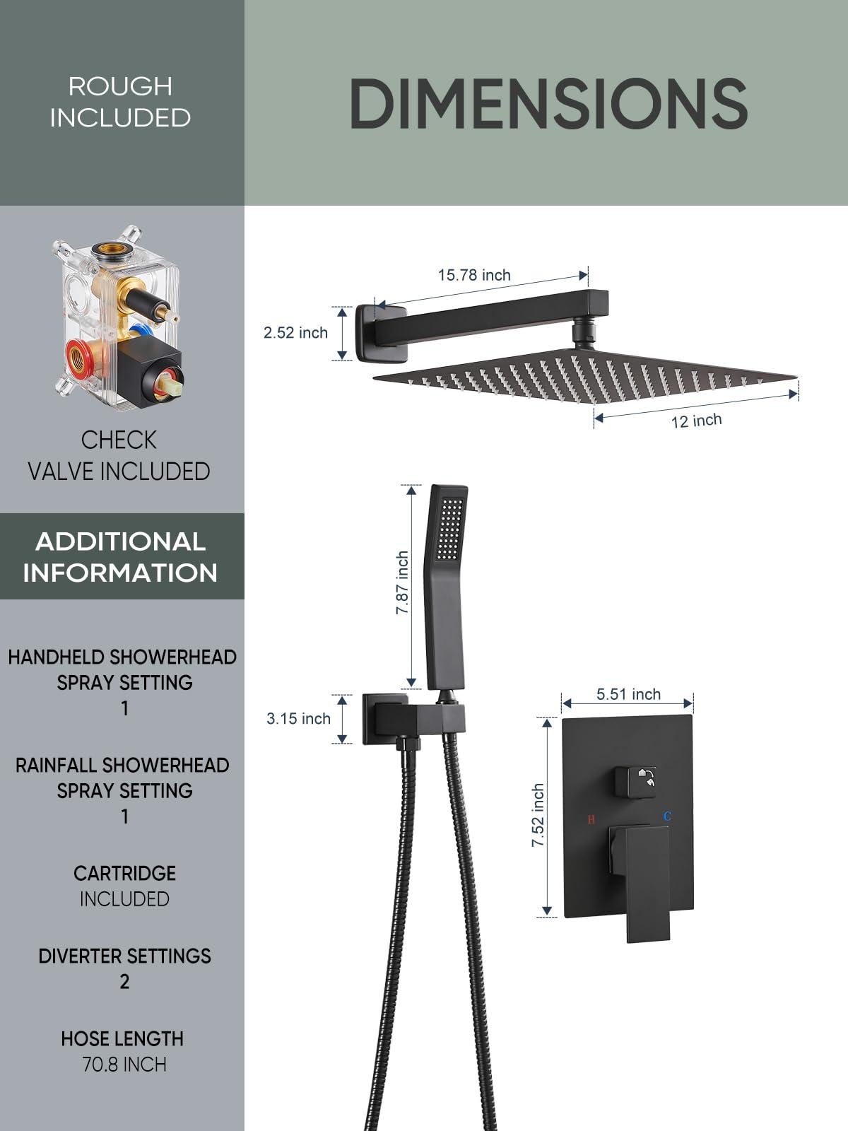 Cobbe Shower System, Shower Faucets Sets Complete, 12 Inches Matte Black Shower Fixtures with Handheld, Black Shower Faucet Set for Bathroom Rough-in Valve Body and Trim Included - Image 2