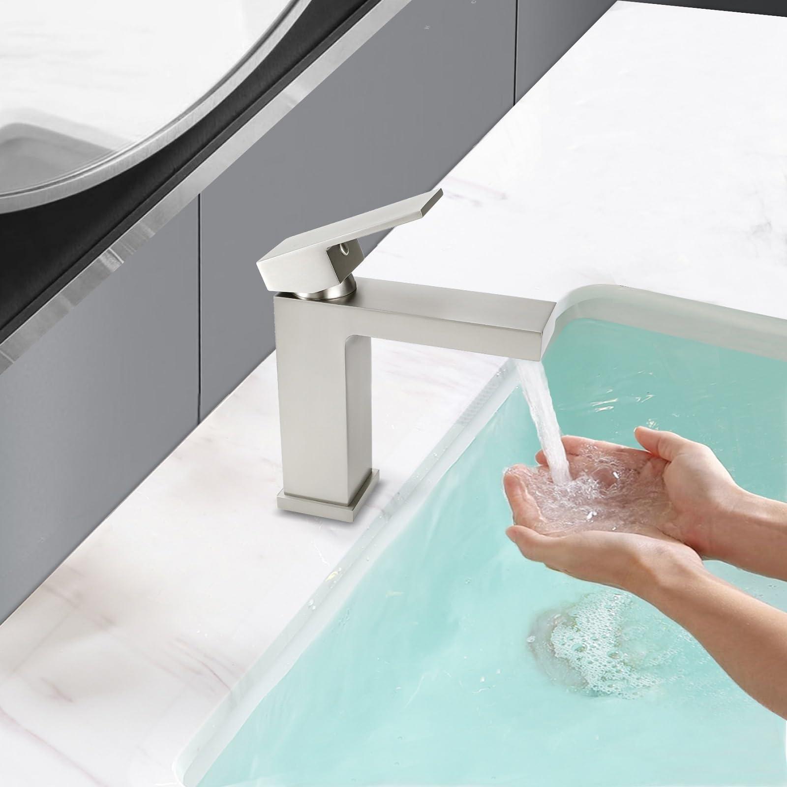SeanPeak Bathroom Faucet, Brushed Nickel Bathroom Faucets, Solid Brass Sink Faucet, Lead-Free Single Handle Vanity Faucets with 2 Water Supply Hoses & Drain Stopper - Image 7