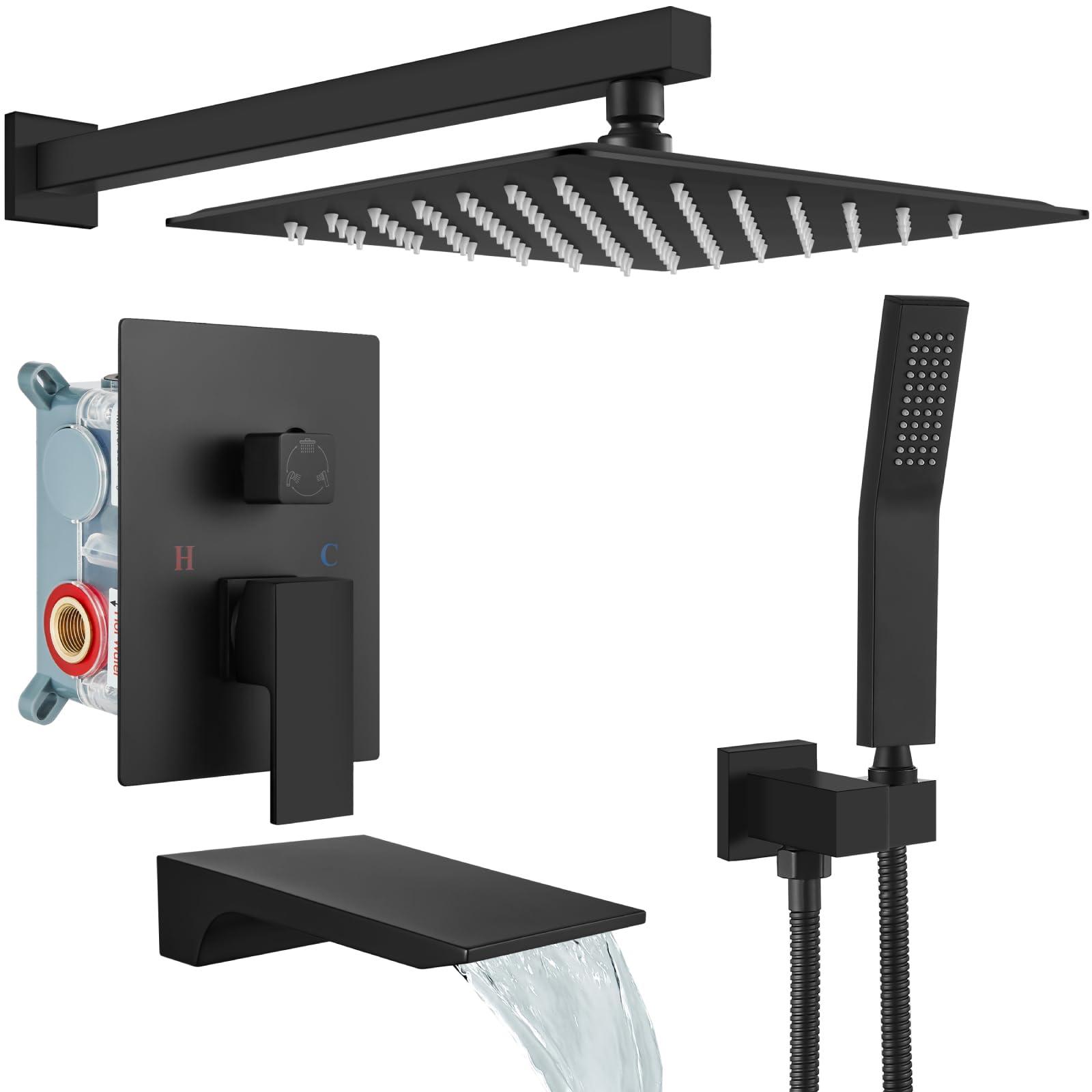 gotonovo Shower System with Tub Spout,Waterfall Tub Shower Faucet Set for Bathroom Head and Handle Set Wall Mounted 3 Function Rough-in Valve and Trim Included 10 inch Shower Head Matte Black