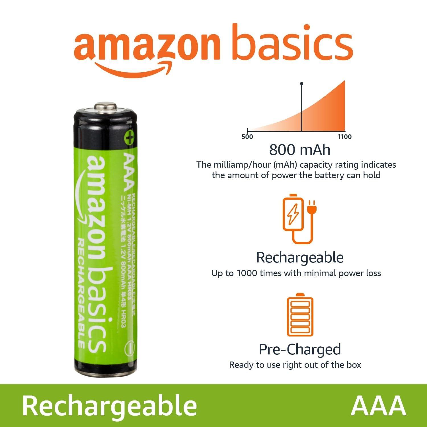 Amazon Basics Rechargeable AAA Batteries, 12-Pack, 800 mAh, NiMH Performance Batteries, Recharge up to 1000x Times, Pre-Charged - Image 2