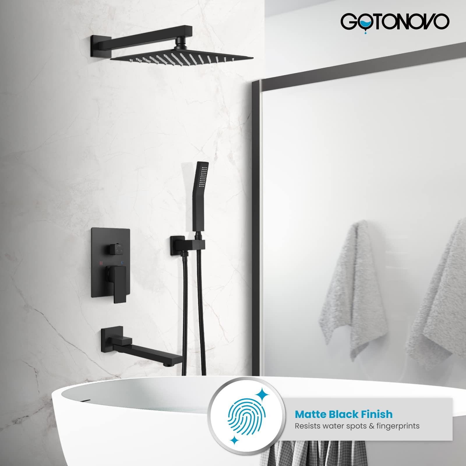 gotonovo Matte Black Shower Faucet Wall Mount Triple Function Bathroom Shower System with Tub Spout High Pressure Square 12 inch Rain Showerhead Hand Shower Rough-In Valve and Trim Included - Image 8