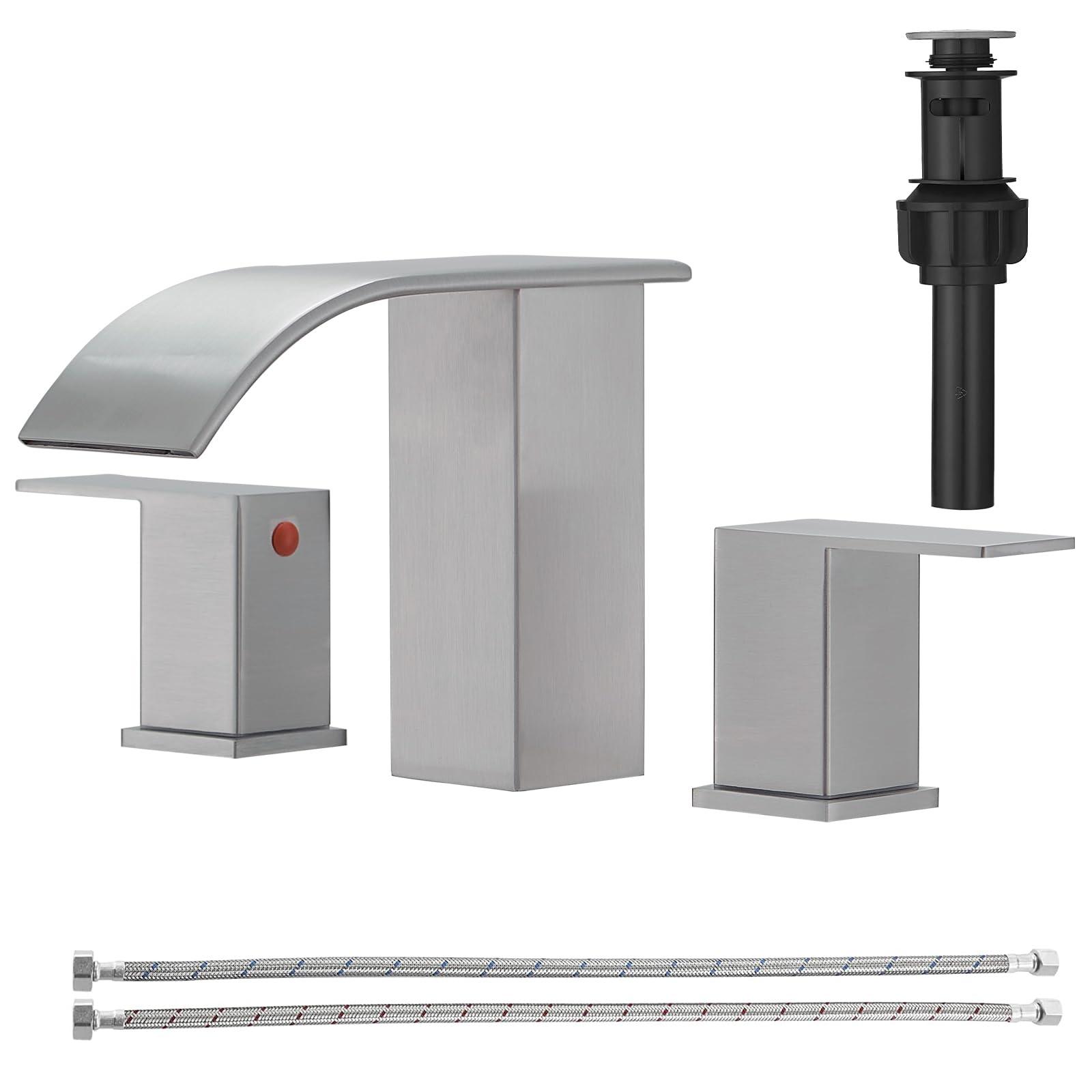 RUMOSE 8 inch Bathroom Faucets Set Brushed Nickel Bathroom Sink Faucet 3 Hole with Pop Up Drain Widespread 2 Handles Stainless Steel Lavatory Vanity Faucet Waterfall Spout Deck Mounted