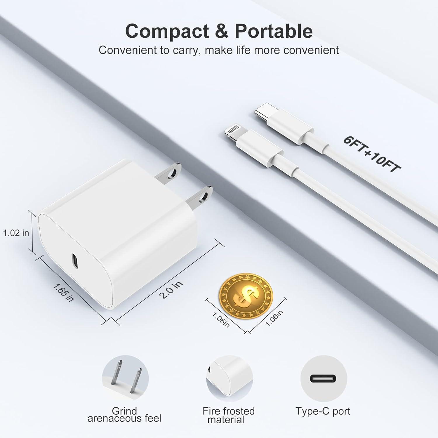 10ft iPhone Charger Fast Charging Block,Wall Charger Plug and Long USB C to Lightning Cable Cord,Type C Charging Cube Adapter Brick Box for Apple iPhone 14 Pro Max/13 Pro/12 Mini/11 Pro/XS/XR - Image 5