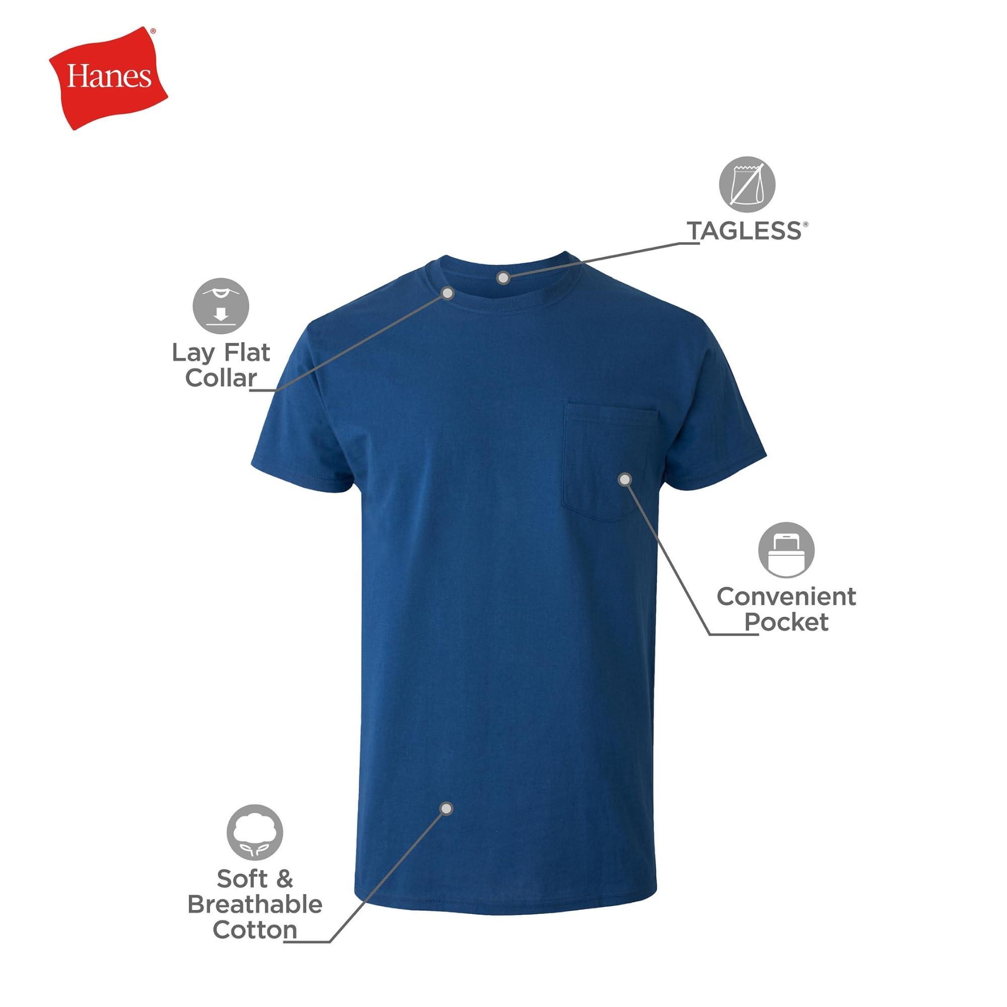 Hanes Men's Pocket Undershirt Pack, Cotton Crew Neck T-Shirt, Moisture Wicking Tee, Assorted 6-Pack - Image 4
