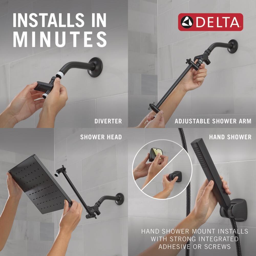 Delta 75527 Universal Showering 1.75 GPM Single Function Modern Rain Shower Head and Hand Shower Combo with Adjustable Extension Arm and Touch-Clean Nozzles - Matte Black - Image 6