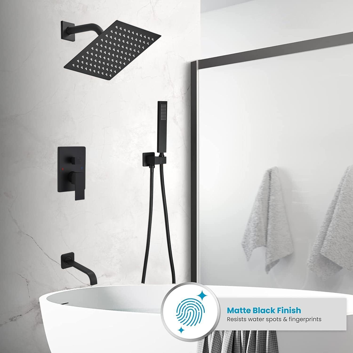 Heable Matte Black Shower Faucet Set with Tub Spout Bathroom Rainfall 8 Inch Shower Head System with Handheld Single Handle Shower Trim Kit with Rough-in Valve - Image 3