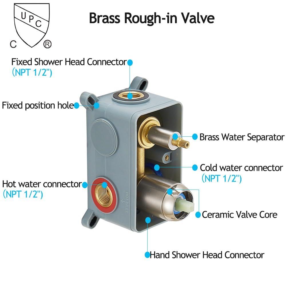 JingGang 12 Inch Ceiling Mount Brushed Nickel Shower System Bathroom Luxury Rain Mixer Shower Combo Set Ceiling Rainfall Shower Head System (Contain Shower Faucet Rough-in Valve Body and Trim) - Image 7