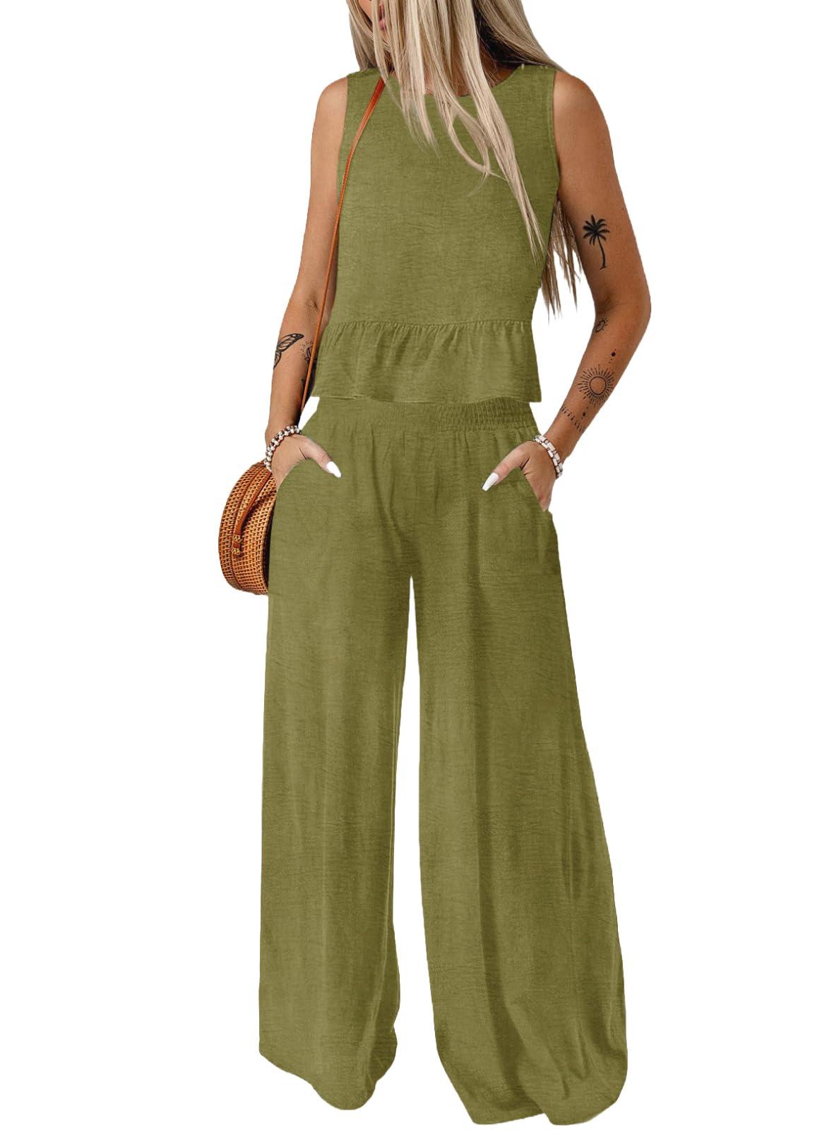 Dokotoo Pants Sets Women 2 Piece Outfits Sleeveless Round Neck Tank Tops Matching Sets for Women Elastic Waist Wide Leg