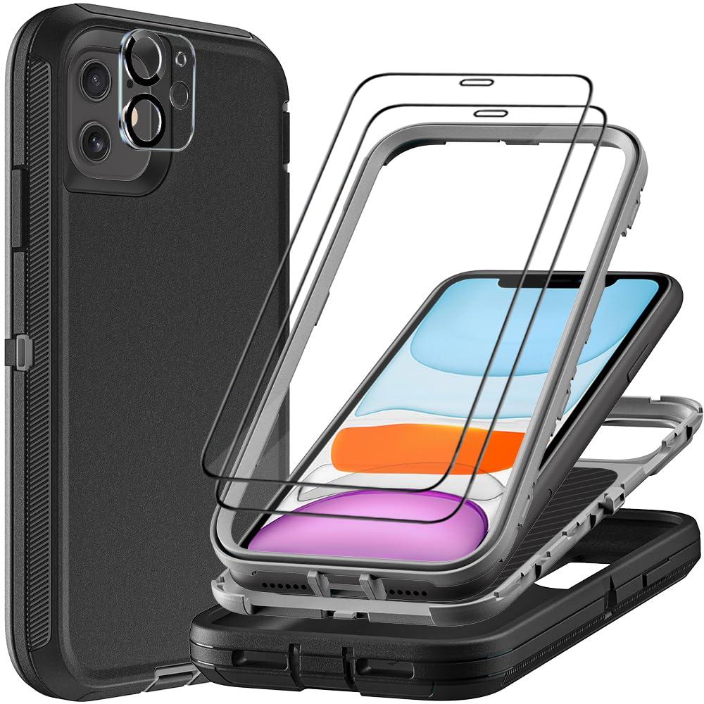 TFDSEUGH for iPhone 11 Case with 2Pcs Tempered Glass Screen Protector and 1Pcs Camera Lens Protector, Military Grade 3 in 1 Heavy Duty Shockproof/Drop Proof/Dust Proof Case (Black/Grey)