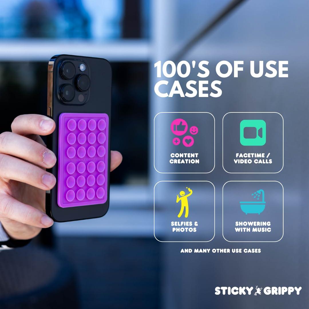 StickyGrippy Suction Phone Case Mount, Sillicon Adhesive Phone Accessory for iPhone and Android, Hands-Free Fidget Toy Mirror Shower Phone Holder, Tiktok Videos and Selfies (Purple Glitter) - Image 6