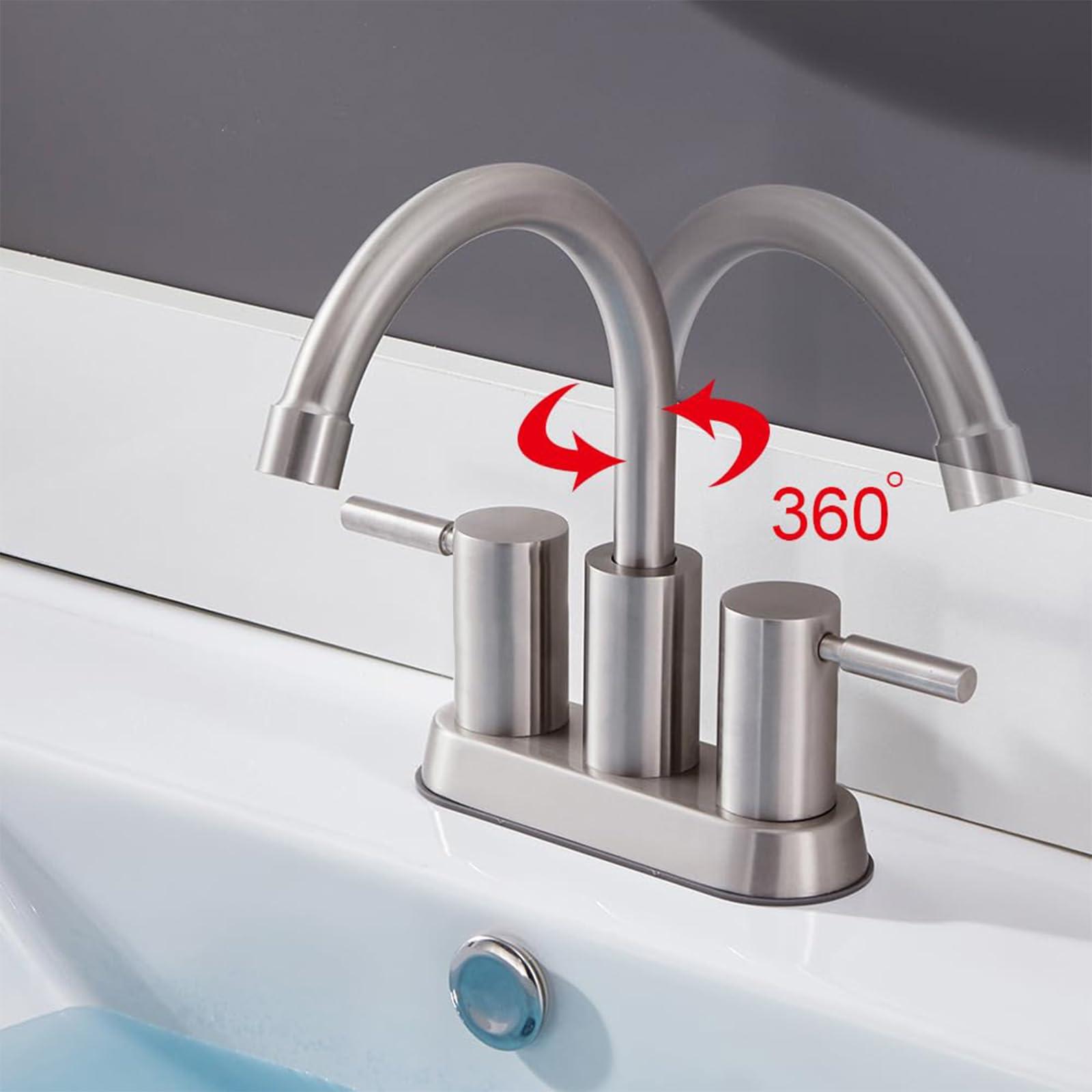 Brushed Nickel Bathroom Faucet, 2 Handle Bathroom Sink Faucets Centerset, 360° Swivel High-Arc Spout Modern 4 inch Bath Faucet for Vanity Lavatory with Pop-up Drain & Water Hoses - Image 3