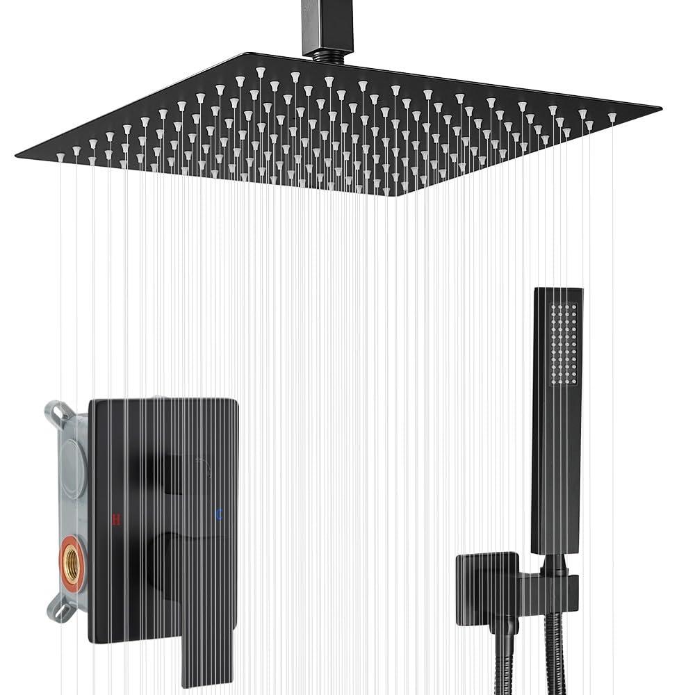 JingGang 12 Inch Ceiling Mount Matte Black Shower System Bathroom Luxury Rain Mixer Shower Combo Set Ceiling Rainfall Shower Head System (Contain Shower Faucet Rough-in Valve Body and Trim)