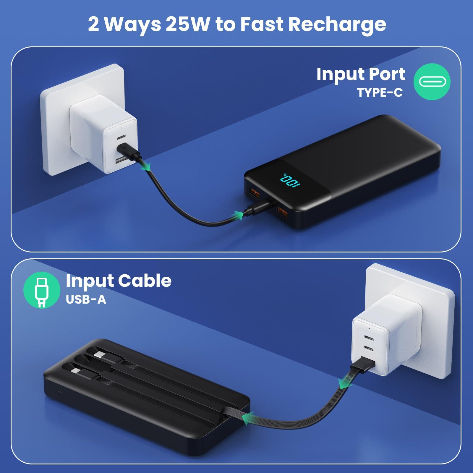 Portable Charger 40800mAh Power Bank with 3 Built-in Cable,25W PD USB C in&Out Power Bank Fast Phone Charging,QC4.0 LED Display Portable Battery Pack Compatible with iPhone 16/15, Galaxy Android-Black - Image 6